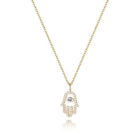 AdornA Jewelry - Hamsa Hand Pave 14K Gold Diamond Blue Sapphire Necklace